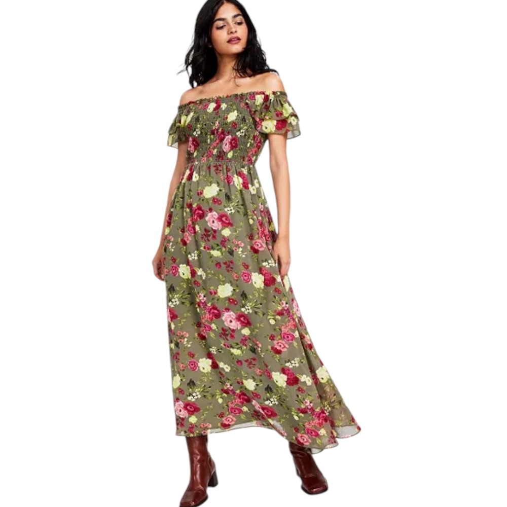 Nwot Bar lll Olive Green w/Pink Roses/Hydrangas Flutter Cap Sleeve Maxid…